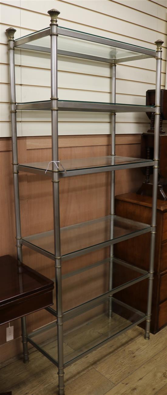 A six shelf metal and glass unit W.80.5cm